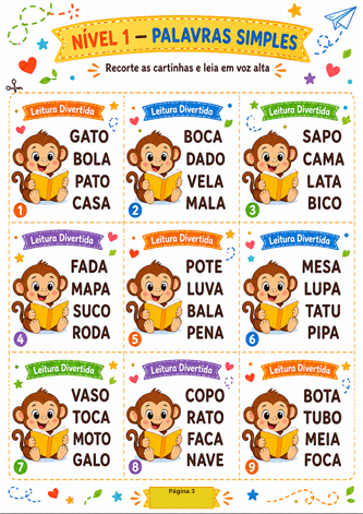 Página de leitura de palavras simples do Kit Leitura Divertida